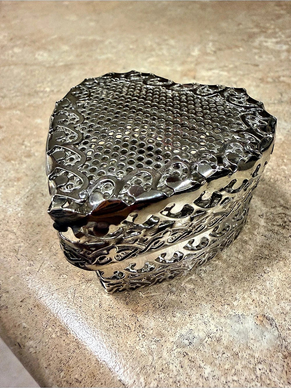 Vintage Heart-Shaped Silver perforated Decorative Trinket Box Real Silver